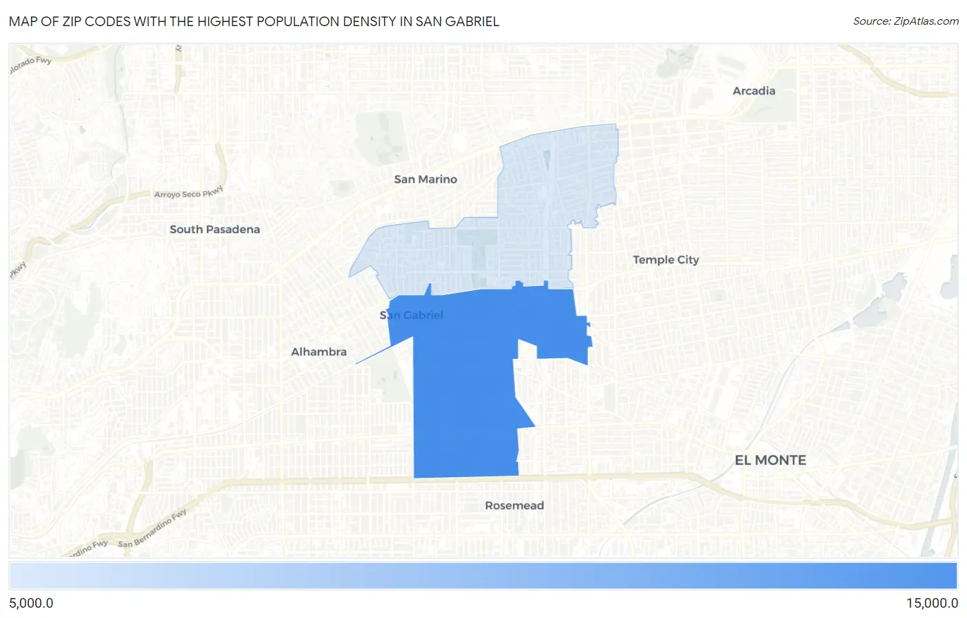 Zip Codes with the Highest Population Density in San Gabriel Map