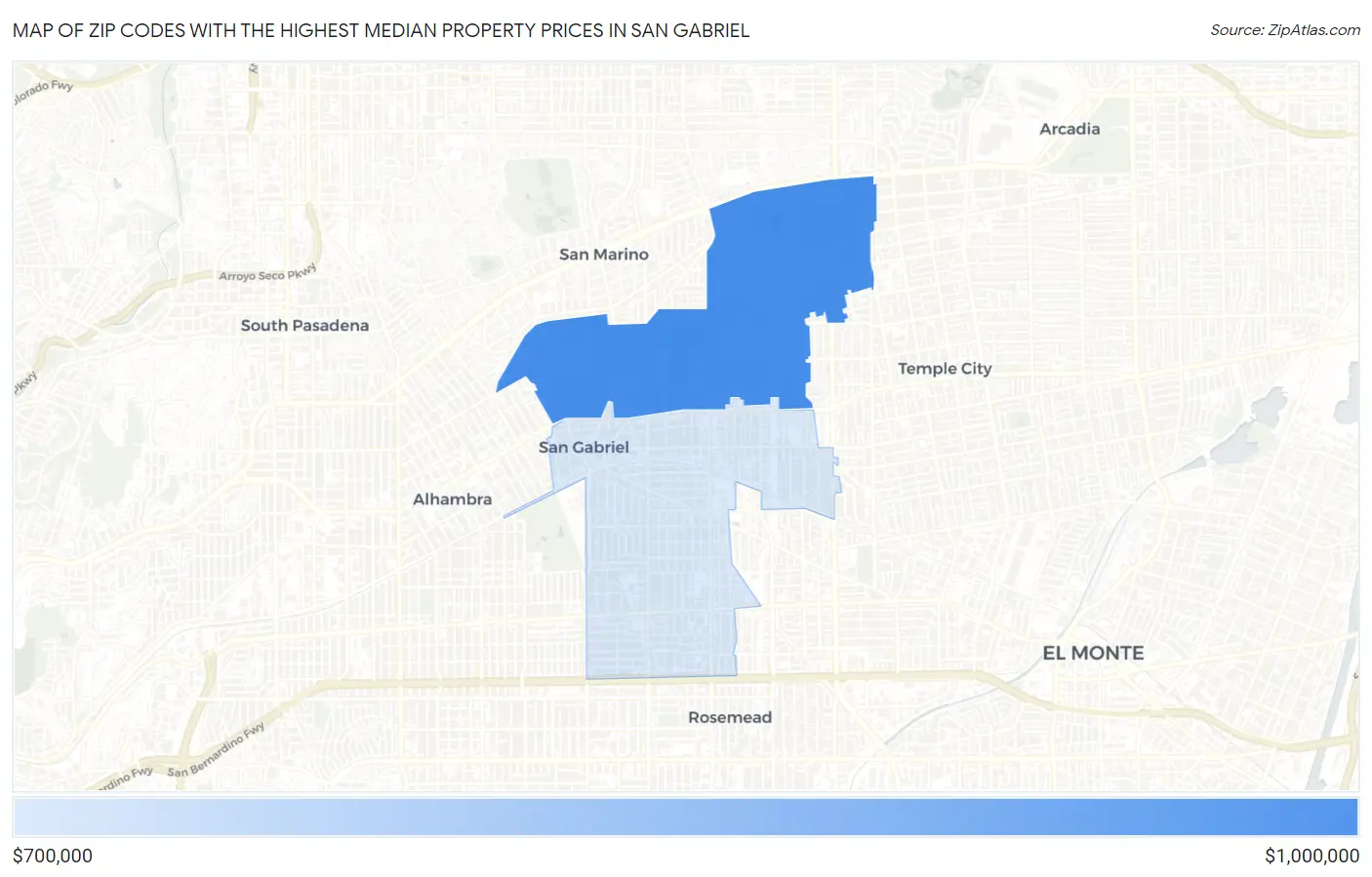 Zip Codes with the Highest Median Property Prices in San Gabriel Map