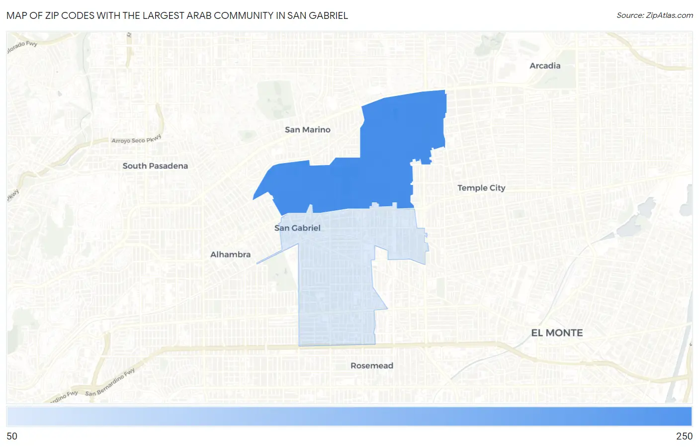 Zip Codes with the Largest Arab Community in San Gabriel Map