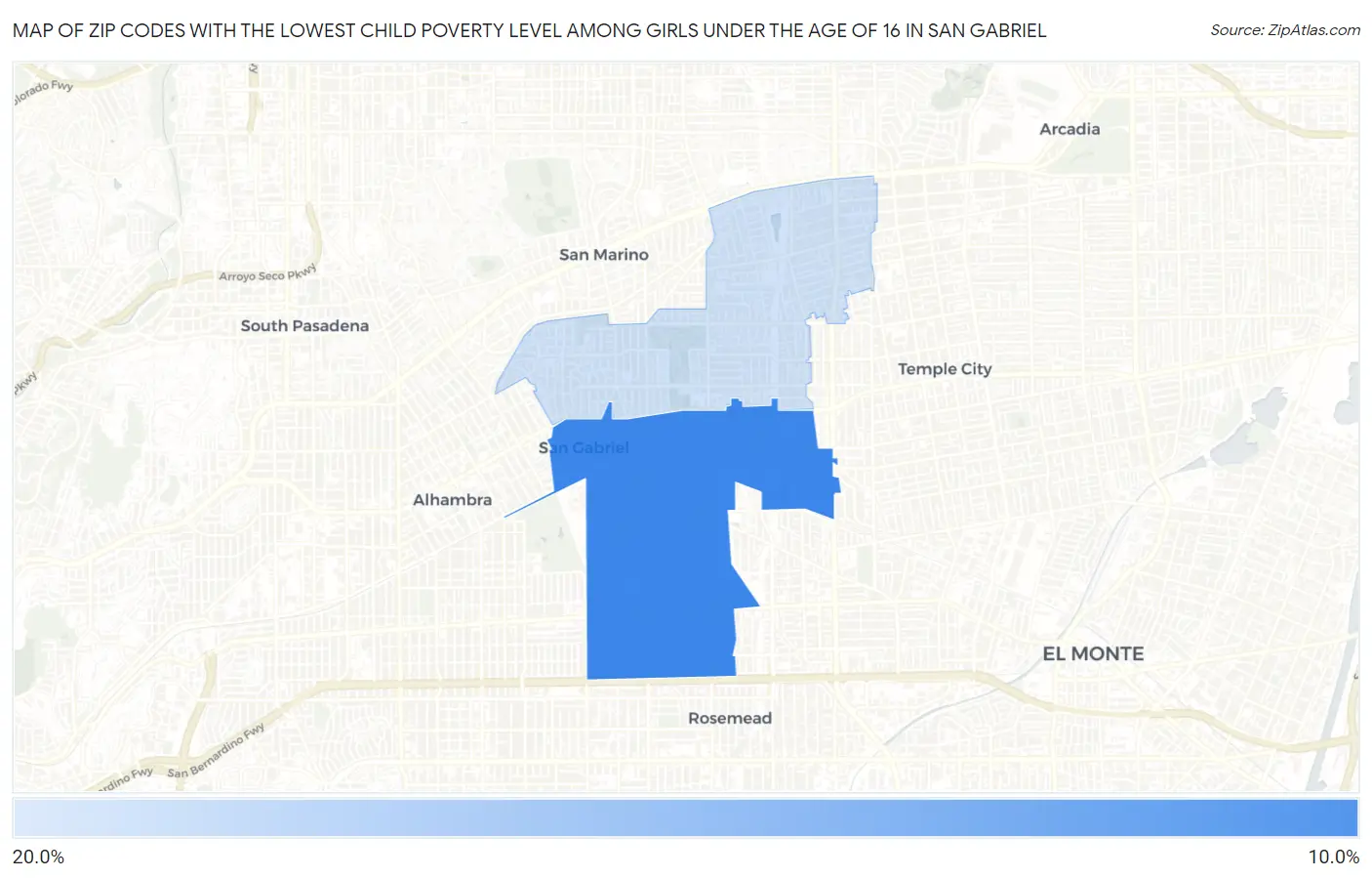 Zip Codes with the Lowest Child Poverty Level Among Girls Under the Age of 16 in San Gabriel Map