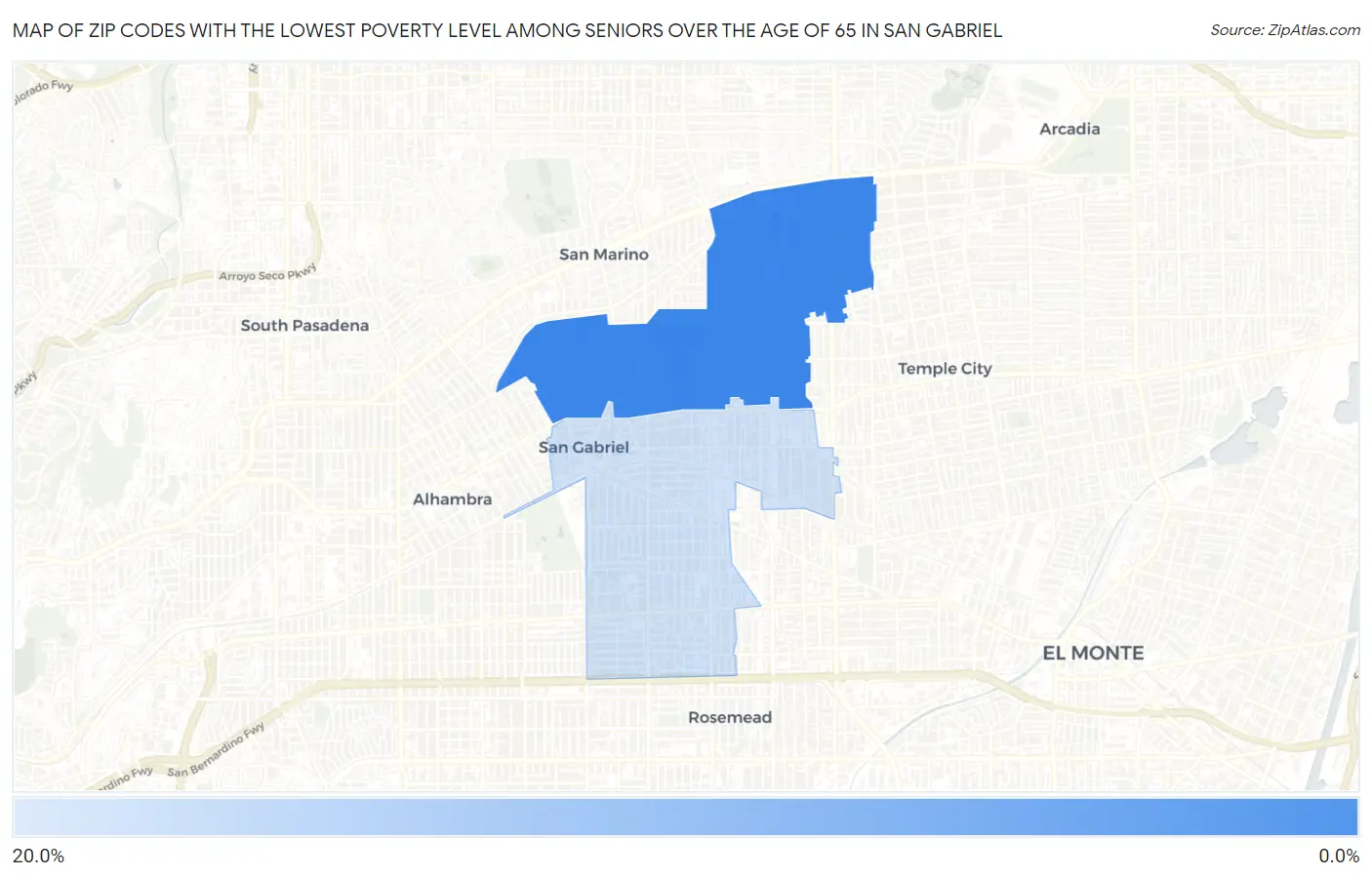 Zip Codes with the Lowest Poverty Level Among Seniors Over the Age of 65 in San Gabriel Map