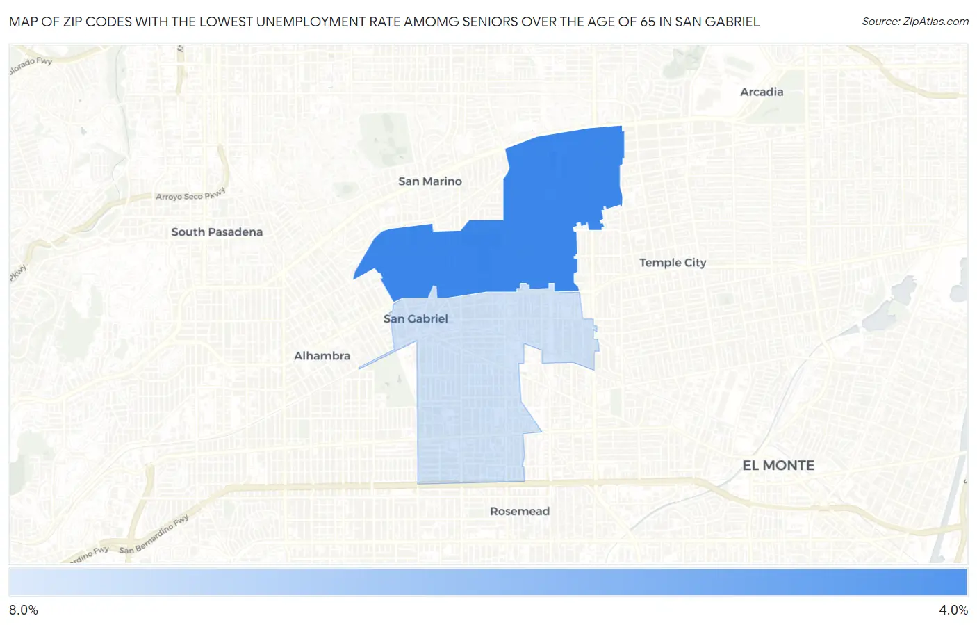 Zip Codes with the Lowest Unemployment Rate Amomg Seniors Over the Age of 65 in San Gabriel Map