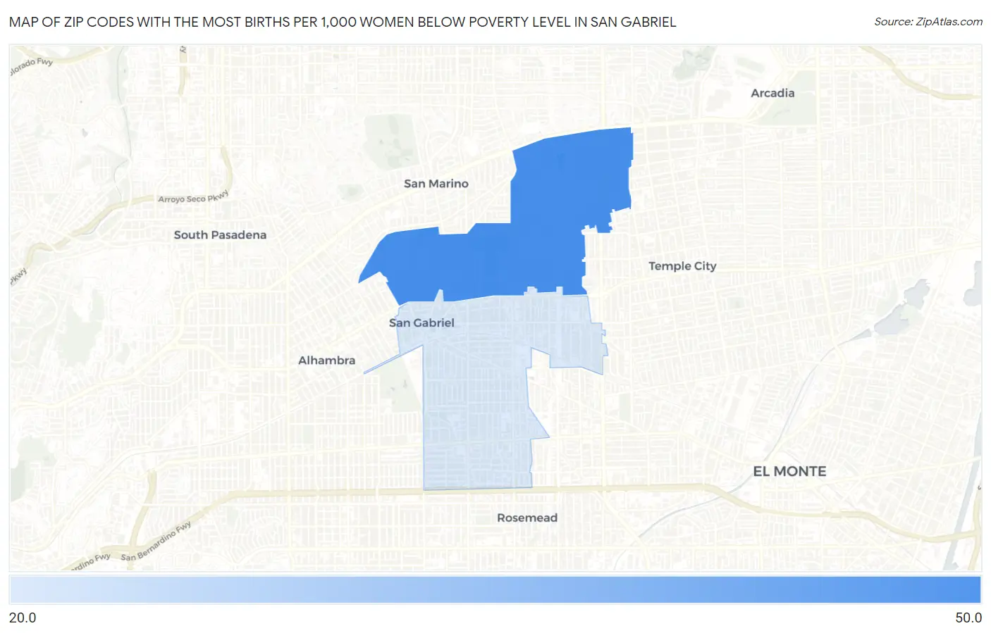 Zip Codes with the Most Births per 1,000 Women Below Poverty Level in San Gabriel Map