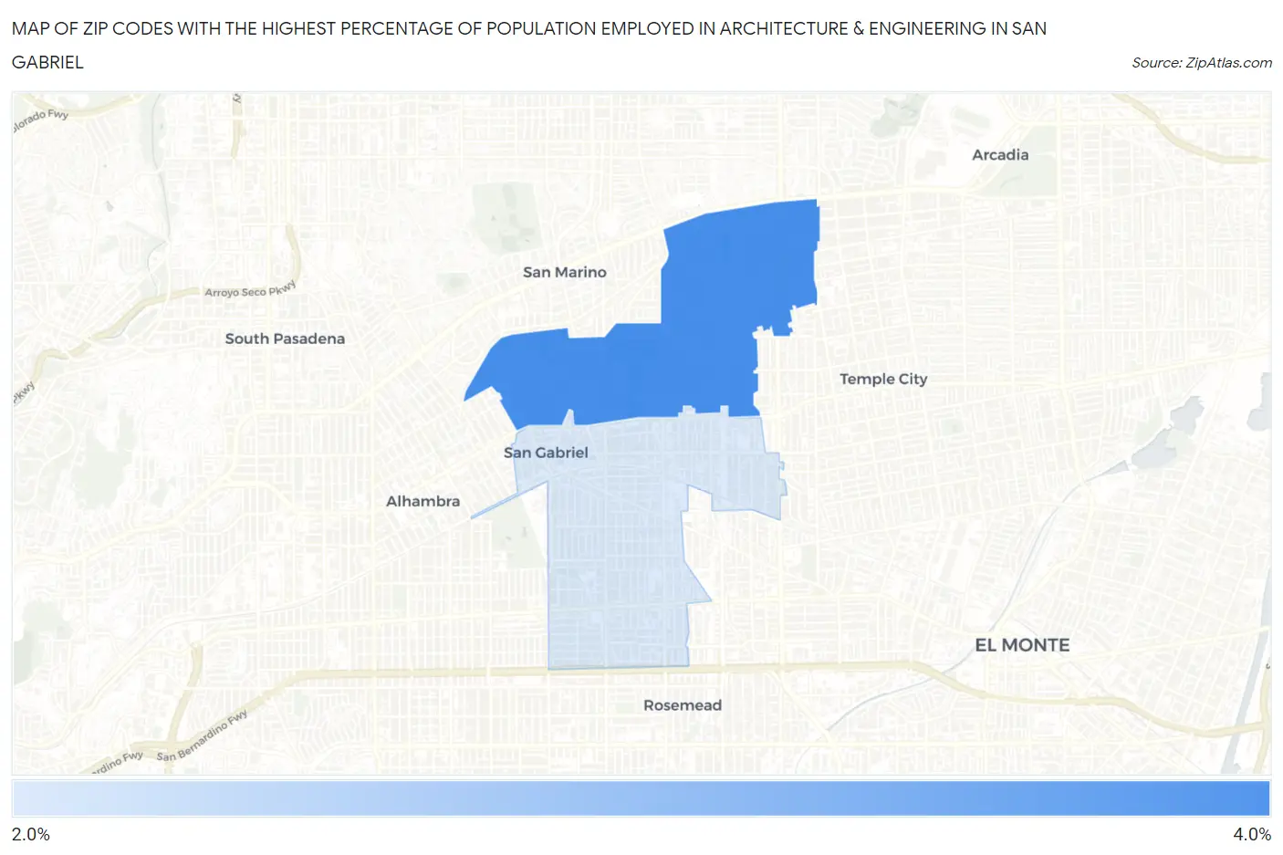 Zip Codes with the Highest Percentage of Population Employed in Architecture & Engineering in San Gabriel Map
