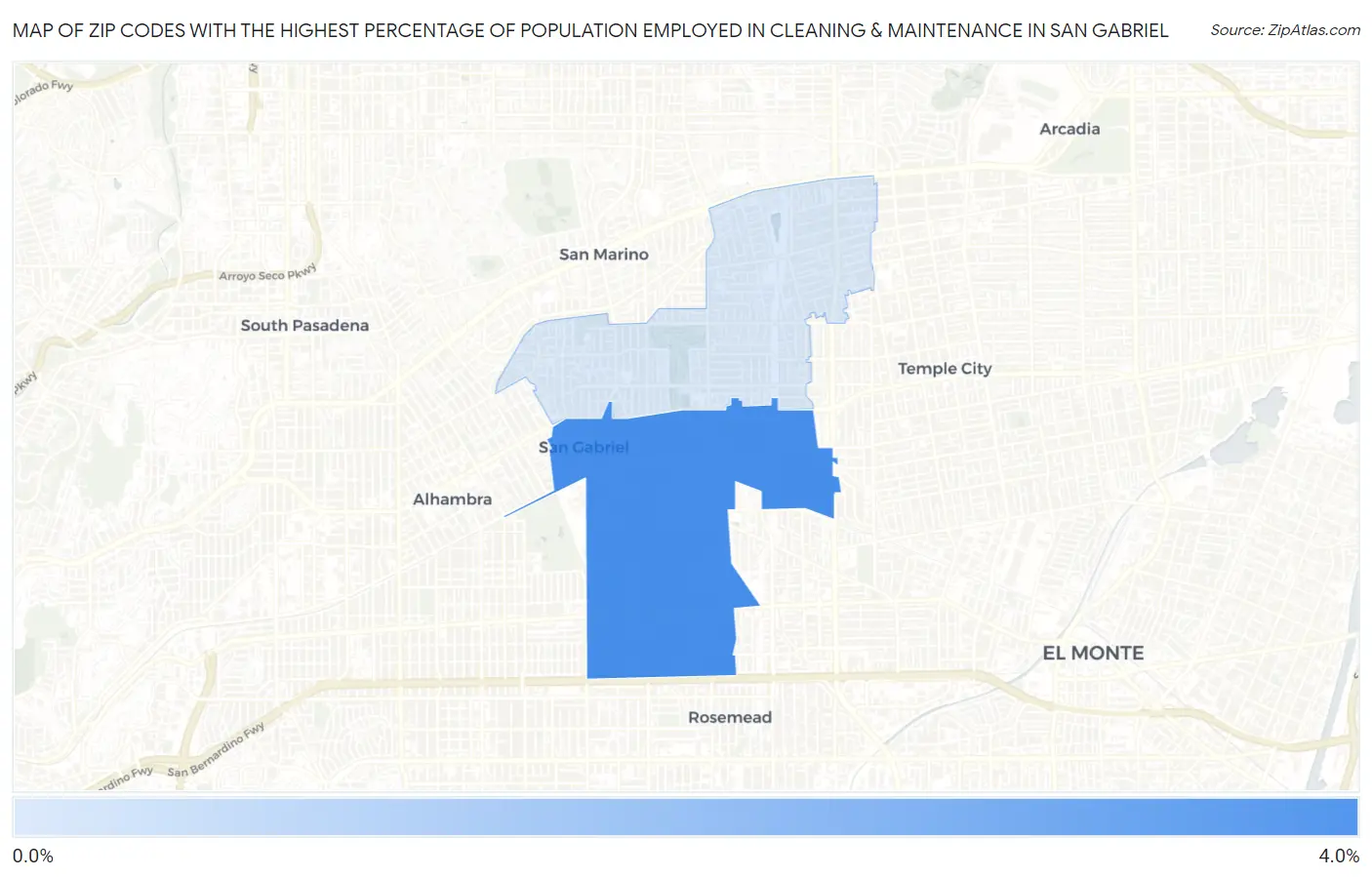 Zip Codes with the Highest Percentage of Population Employed in Cleaning & Maintenance in San Gabriel Map