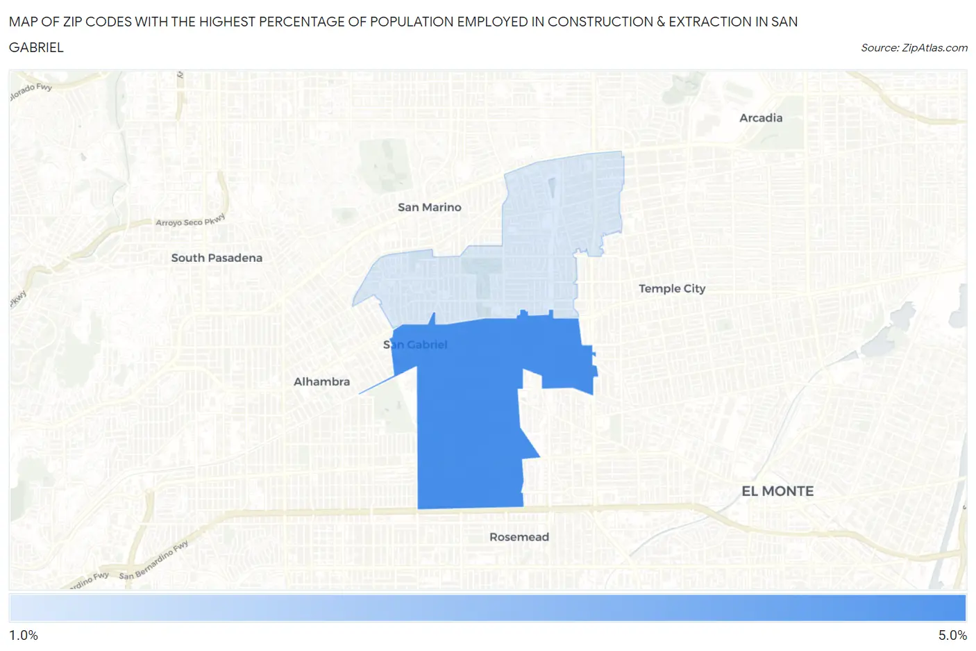 Zip Codes with the Highest Percentage of Population Employed in Construction & Extraction in San Gabriel Map