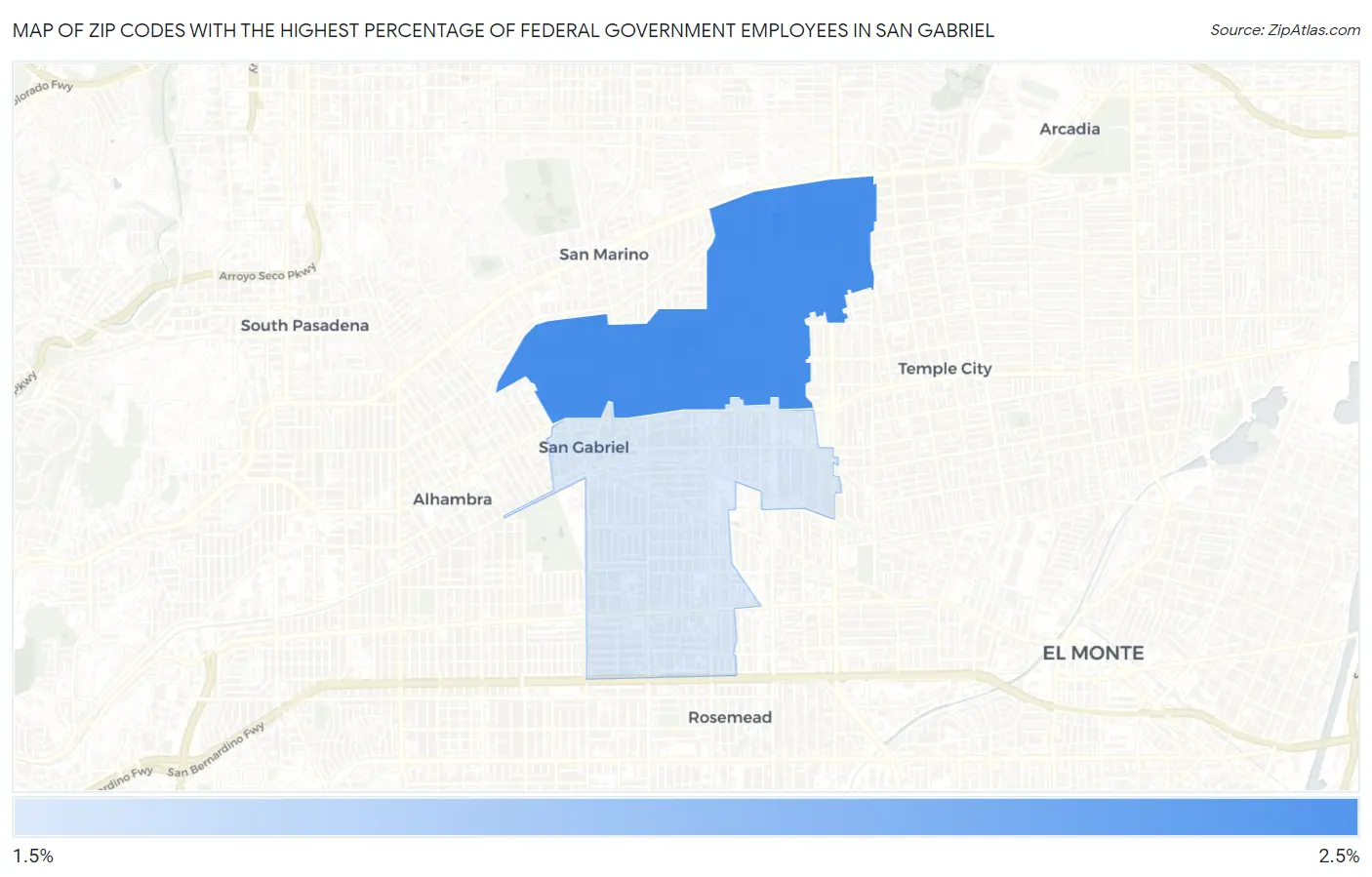 Zip Codes with the Highest Percentage of Federal Government Employees in San Gabriel Map