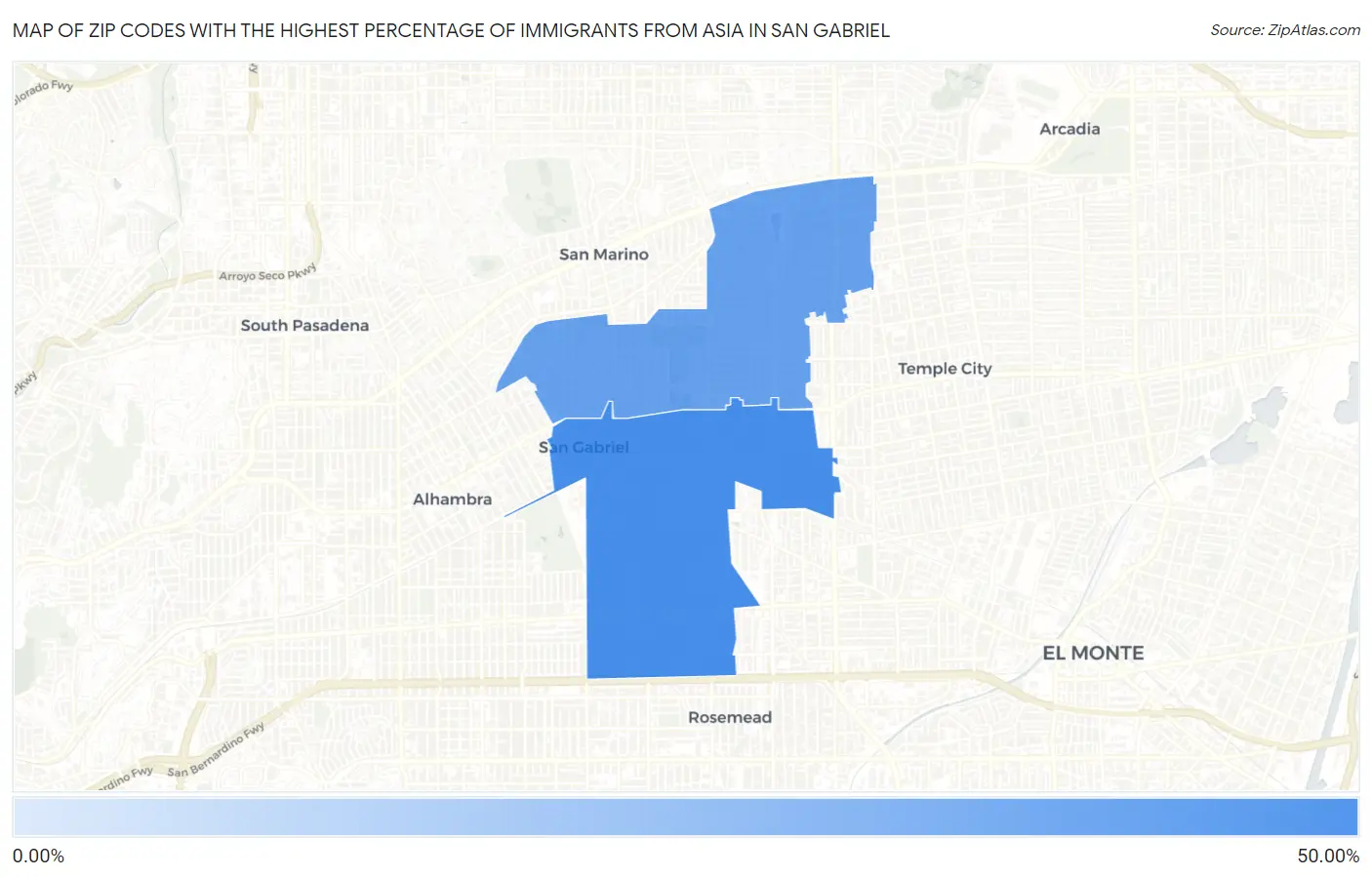 Zip Codes with the Highest Percentage of Immigrants from Asia in San Gabriel Map