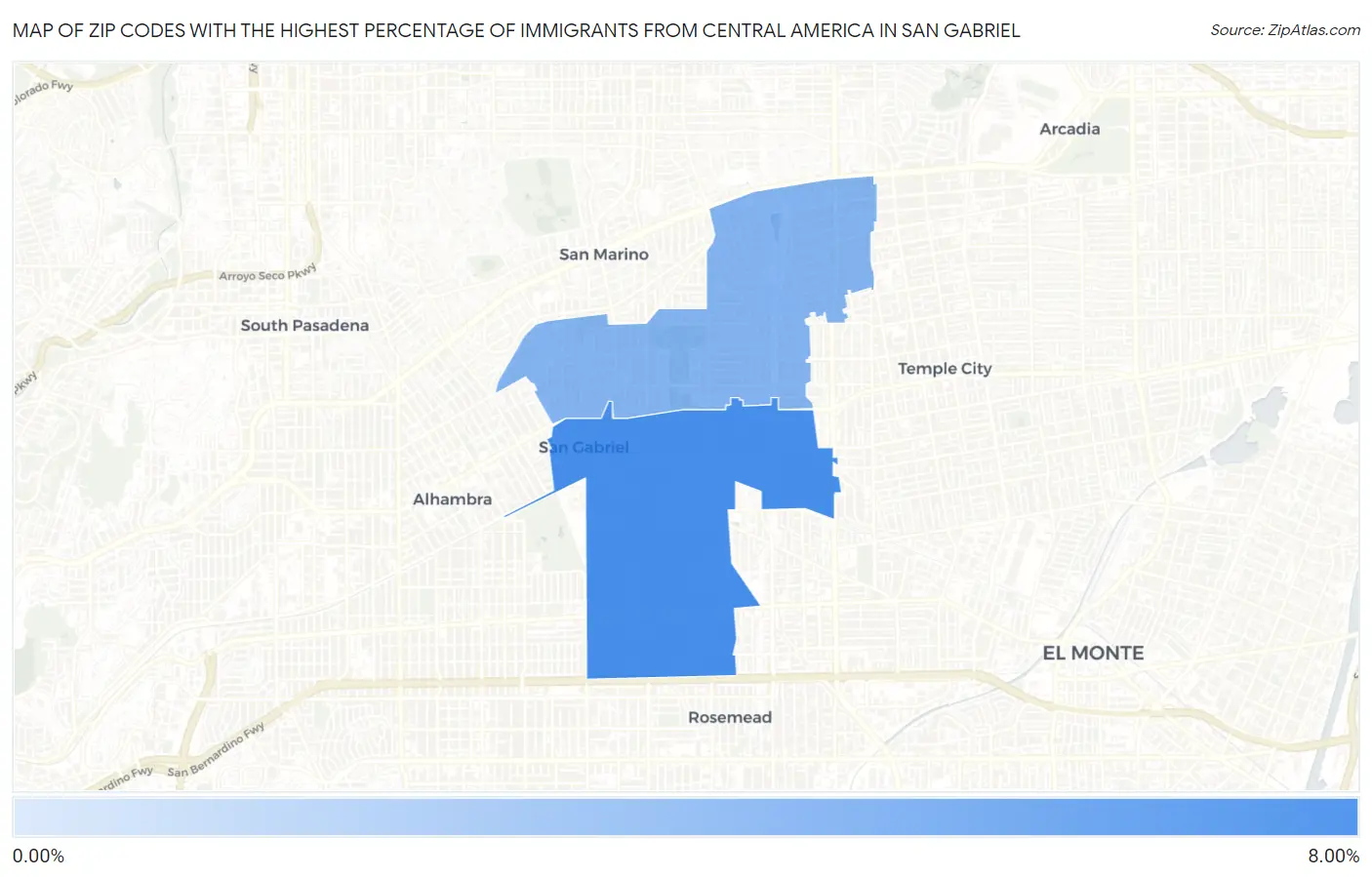 Zip Codes with the Highest Percentage of Immigrants from Central America in San Gabriel Map