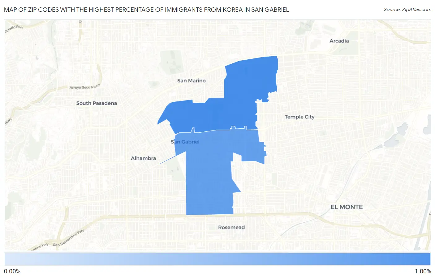 Zip Codes with the Highest Percentage of Immigrants from Korea in San Gabriel Map