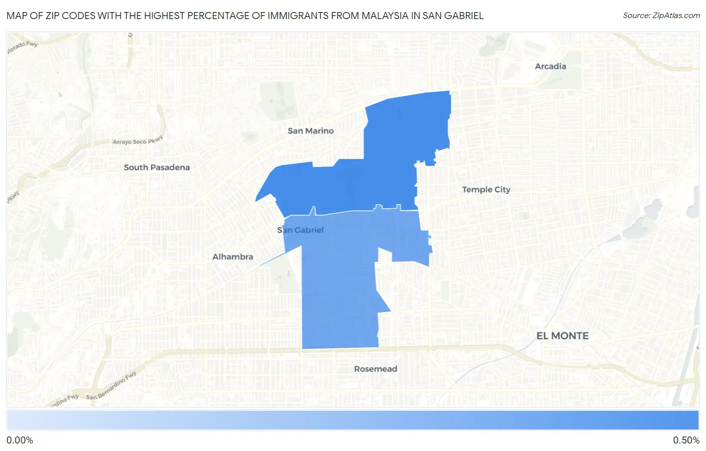 Zip Codes with the Highest Percentage of Immigrants from Malaysia in San Gabriel Map
