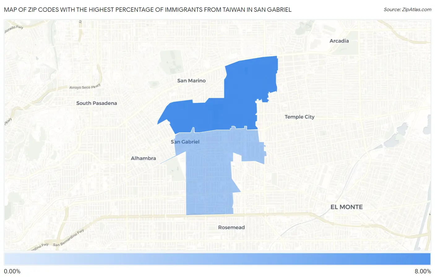 Zip Codes with the Highest Percentage of Immigrants from Taiwan in San Gabriel Map