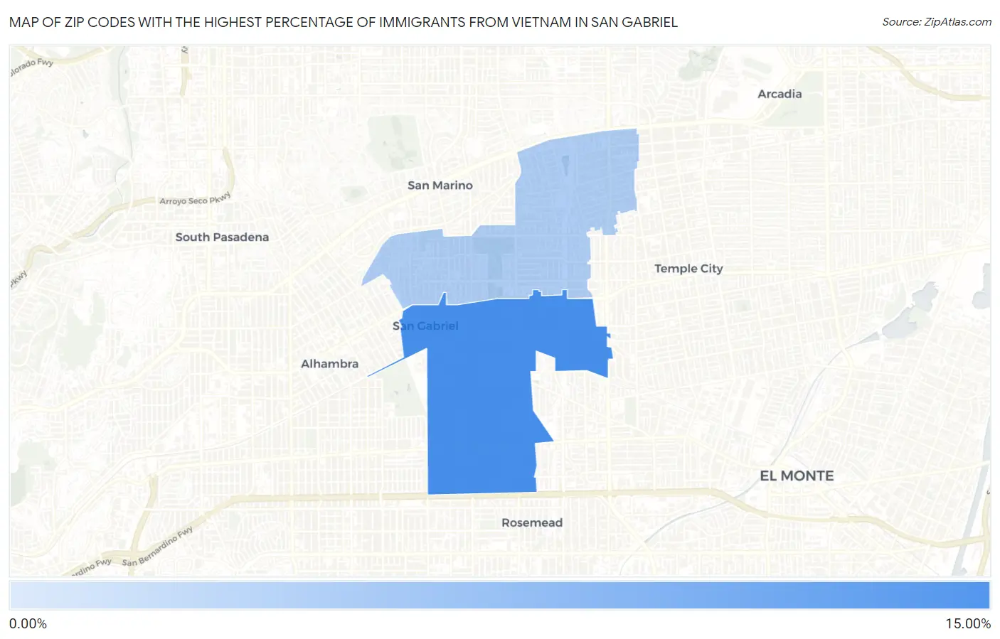 Zip Codes with the Highest Percentage of Immigrants from Vietnam in San Gabriel Map