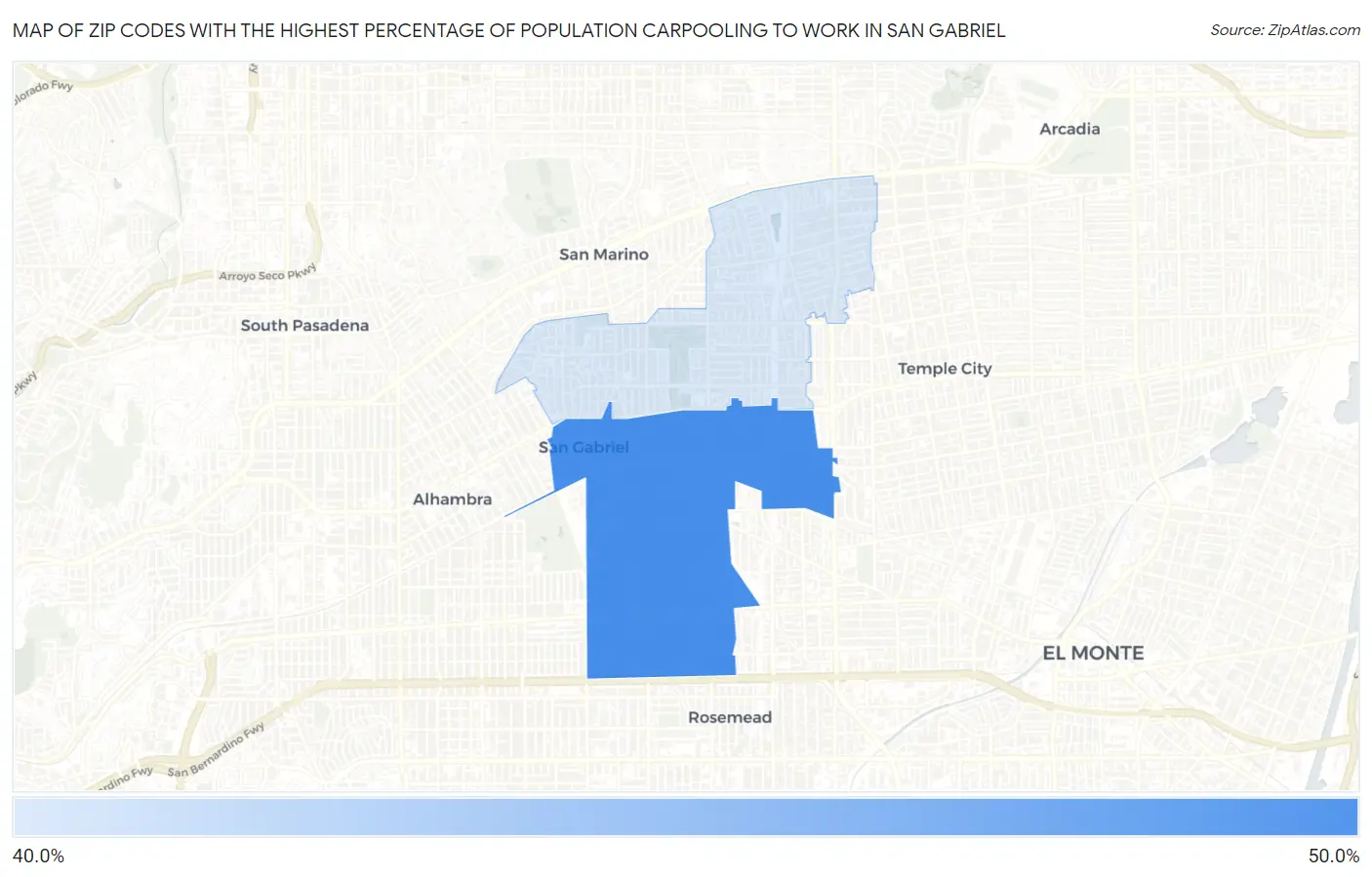 Zip Codes with the Highest Percentage of Population Carpooling to Work in San Gabriel Map