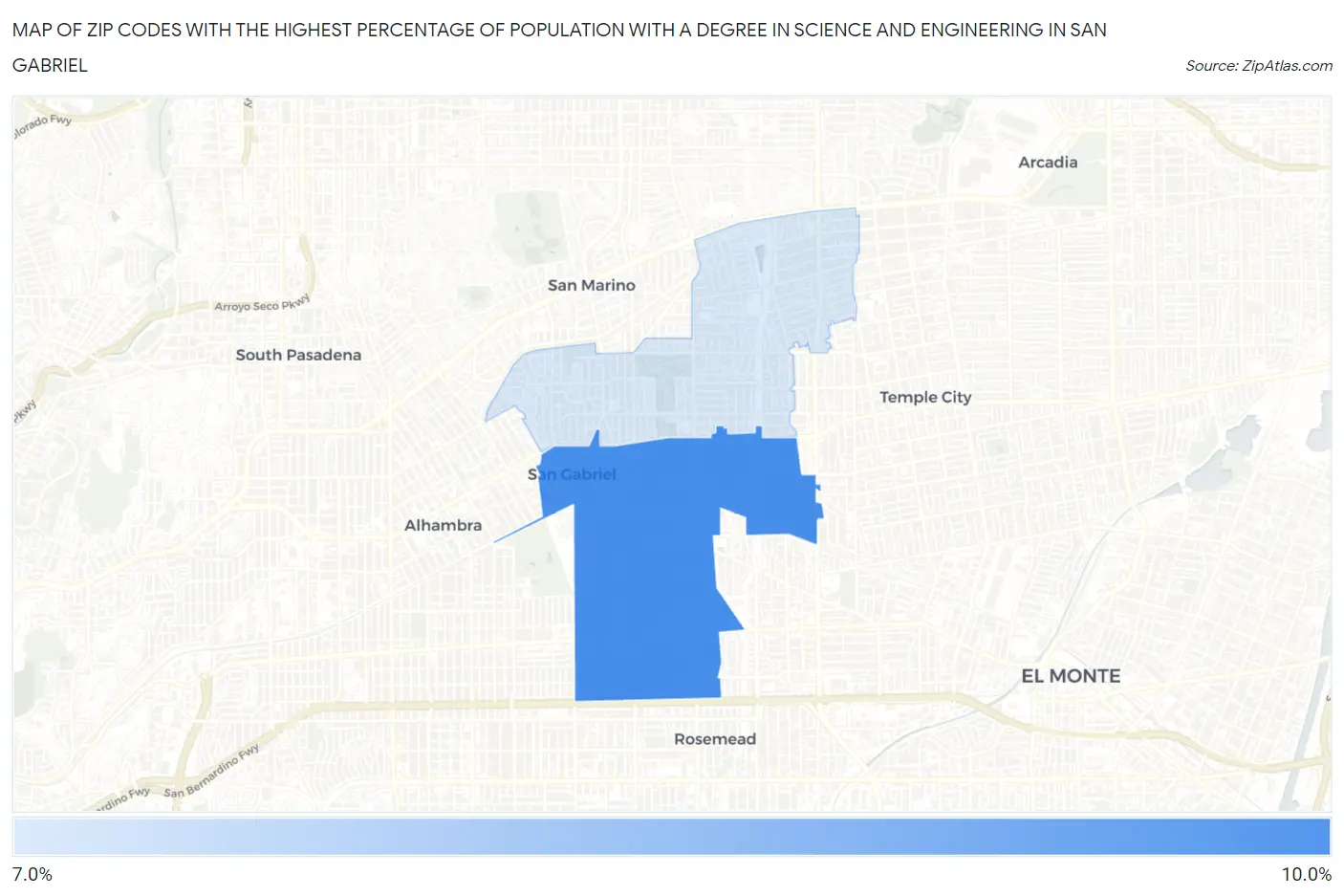 Zip Codes with the Highest Percentage of Population with a Degree in Science and Engineering in San Gabriel Map
