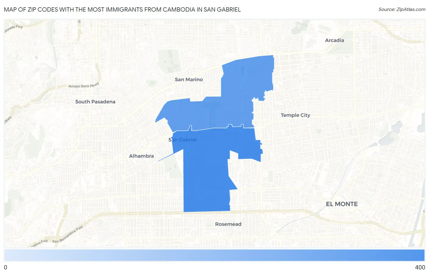 Zip Codes with the Most Immigrants from Cambodia in San Gabriel Map