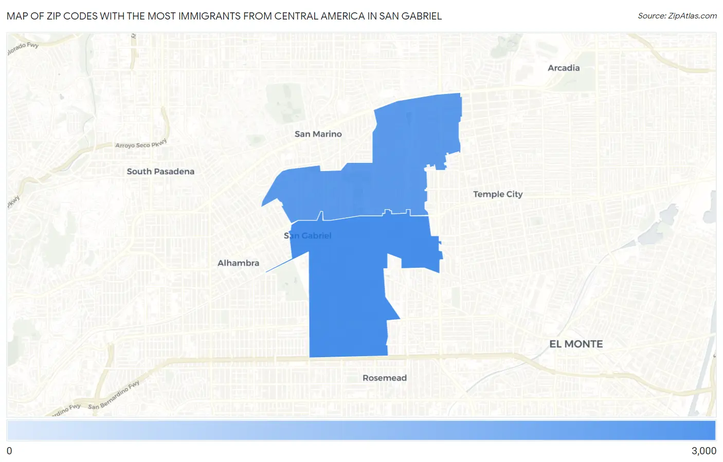 Zip Codes with the Most Immigrants from Central America in San Gabriel Map