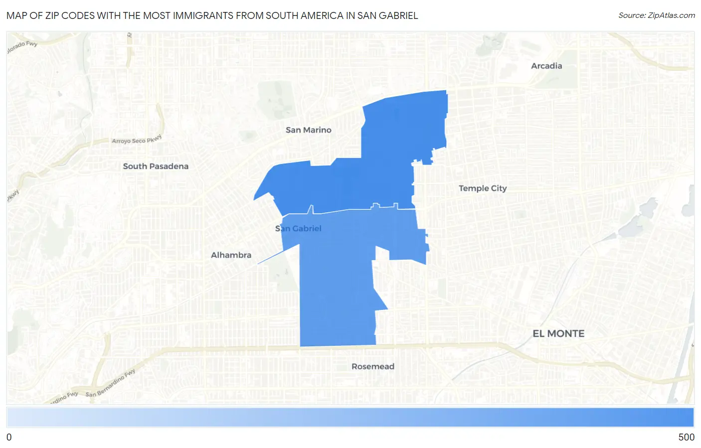 Zip Codes with the Most Immigrants from South America in San Gabriel Map