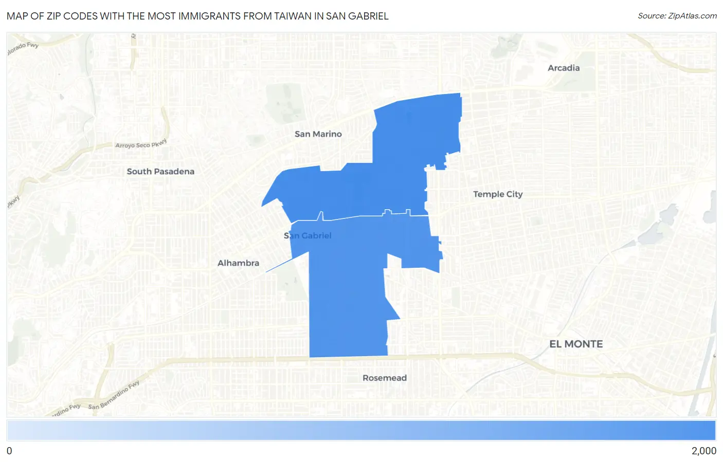 Zip Codes with the Most Immigrants from Taiwan in San Gabriel Map