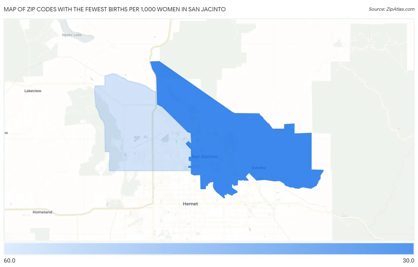 Zip Codes with the Fewest Births per 1,000 Women in San Jacinto Map