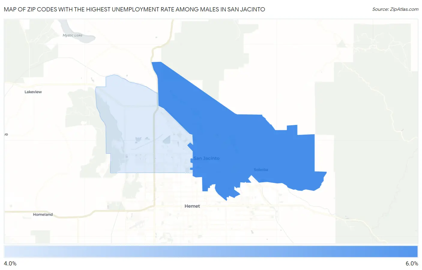 Zip Codes with the Highest Unemployment Rate Among Males in San Jacinto Map