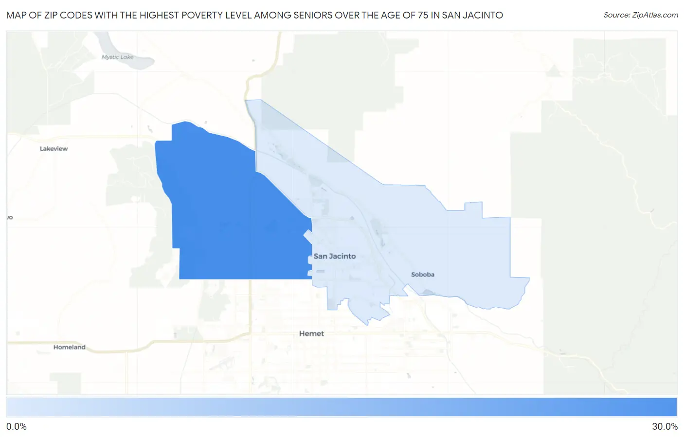 Zip Codes with the Highest Poverty Level Among Seniors Over the Age of 75 in San Jacinto Map