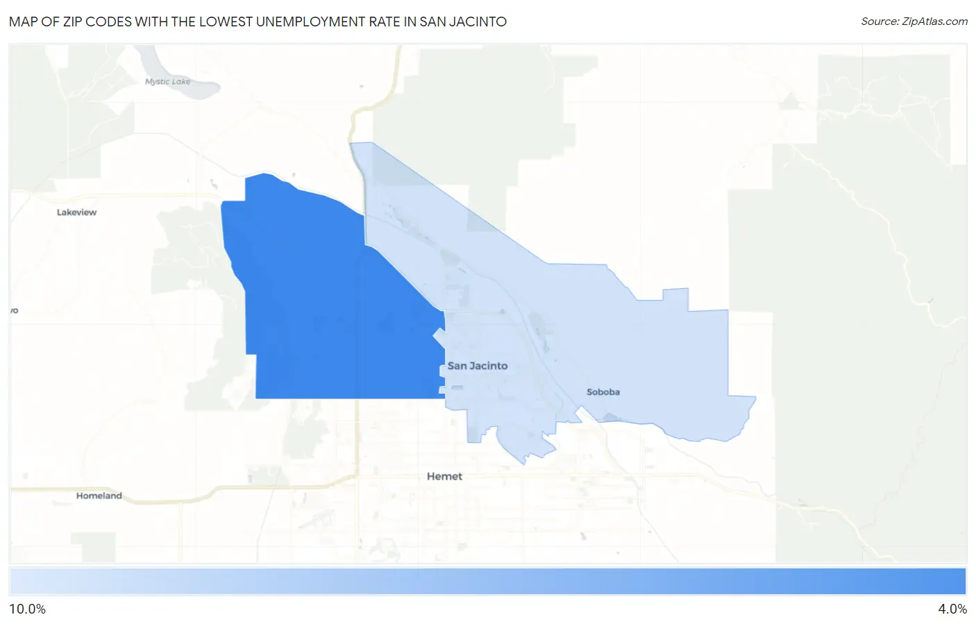 Zip Codes with the Lowest Unemployment Rate in San Jacinto Map