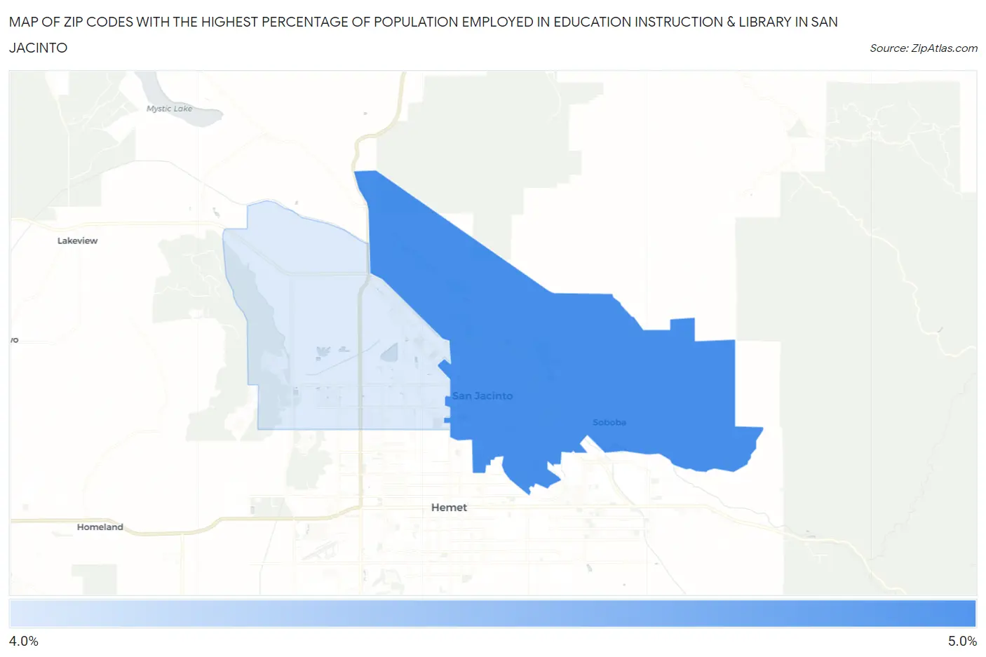 Zip Codes with the Highest Percentage of Population Employed in Education Instruction & Library in San Jacinto Map