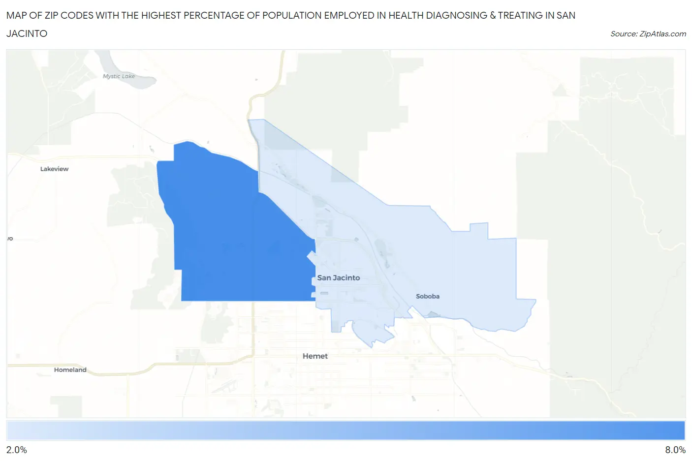 Zip Codes with the Highest Percentage of Population Employed in Health Diagnosing & Treating in San Jacinto Map