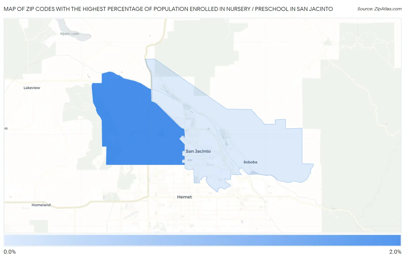 Zip Codes with the Highest Percentage of Population Enrolled in Nursery / Preschool in San Jacinto Map