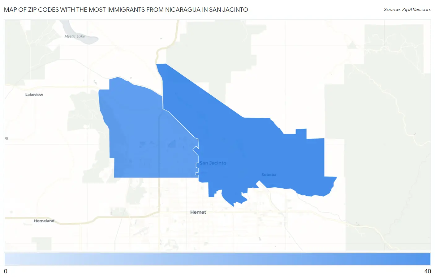 Zip Codes with the Most Immigrants from Nicaragua in San Jacinto Map