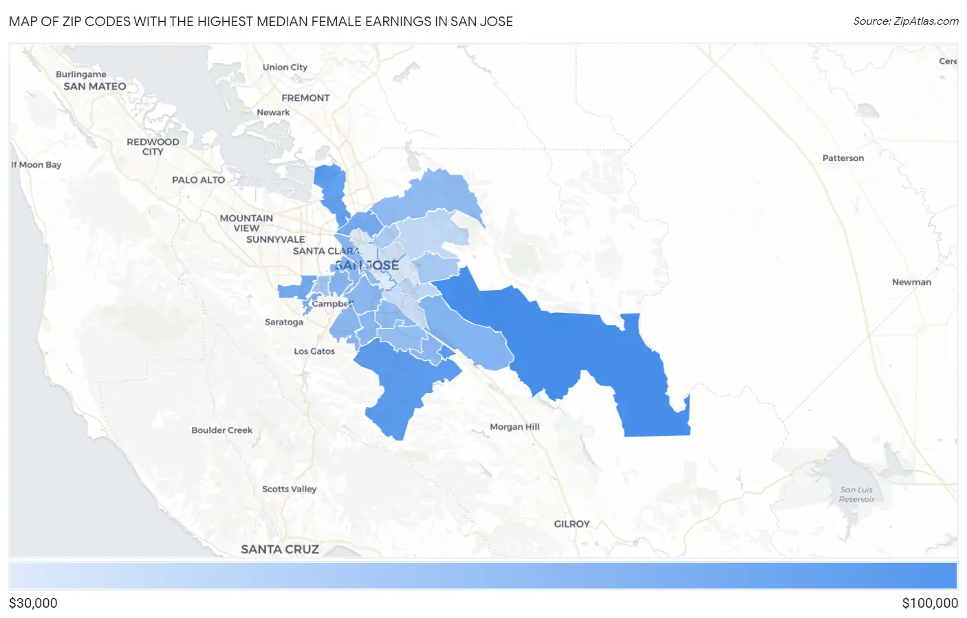 Zip Codes with the Highest Median Female Earnings in San Jose Map