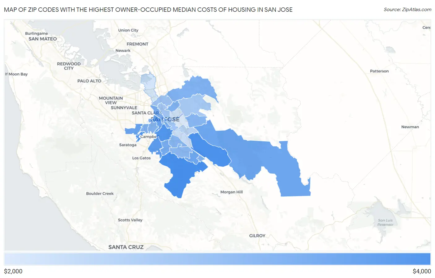 Zip Codes with the Highest Owner-Occupied Median Costs of Housing in San Jose Map