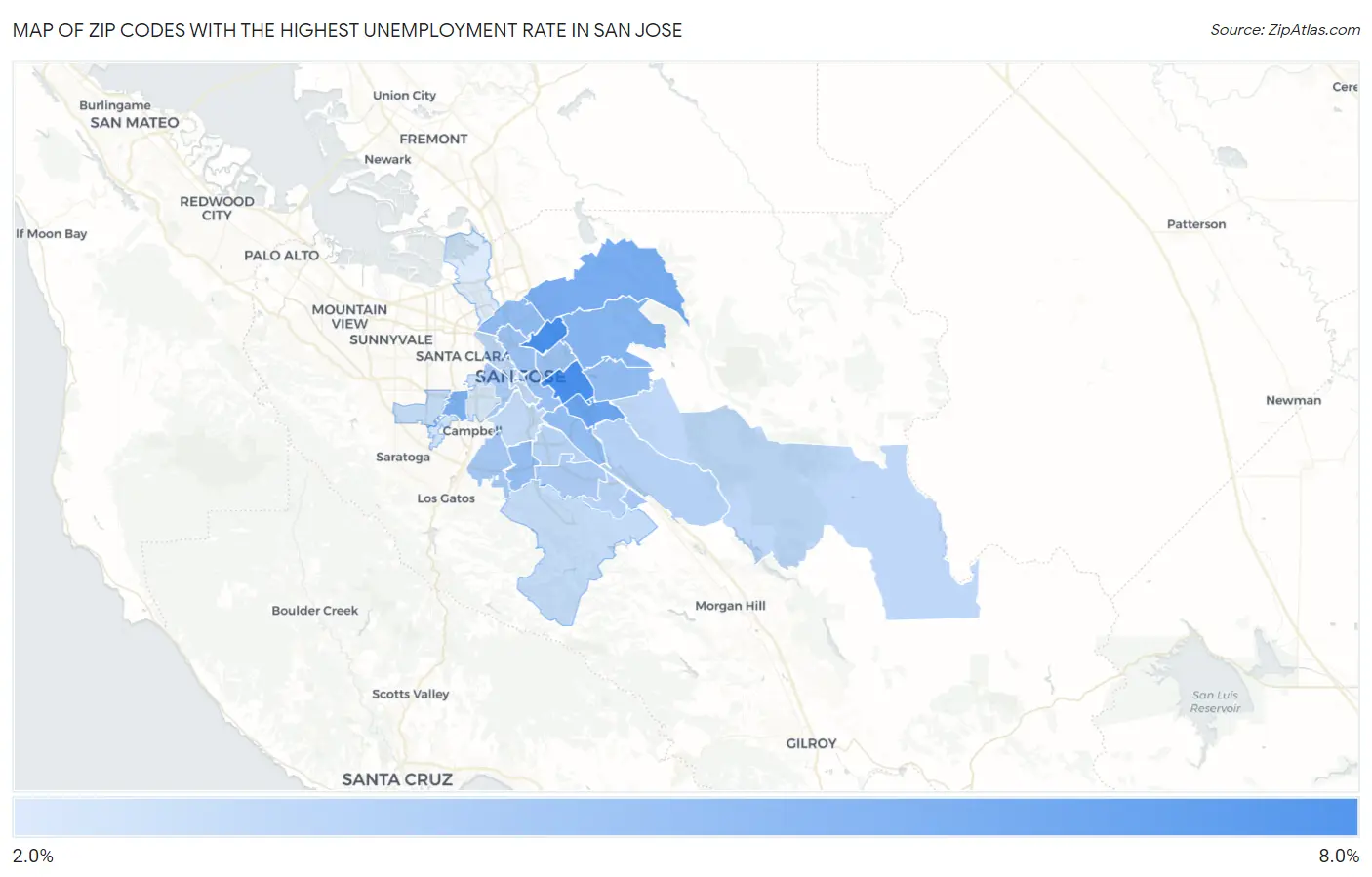 Zip Codes with the Highest Unemployment Rate in San Jose Map