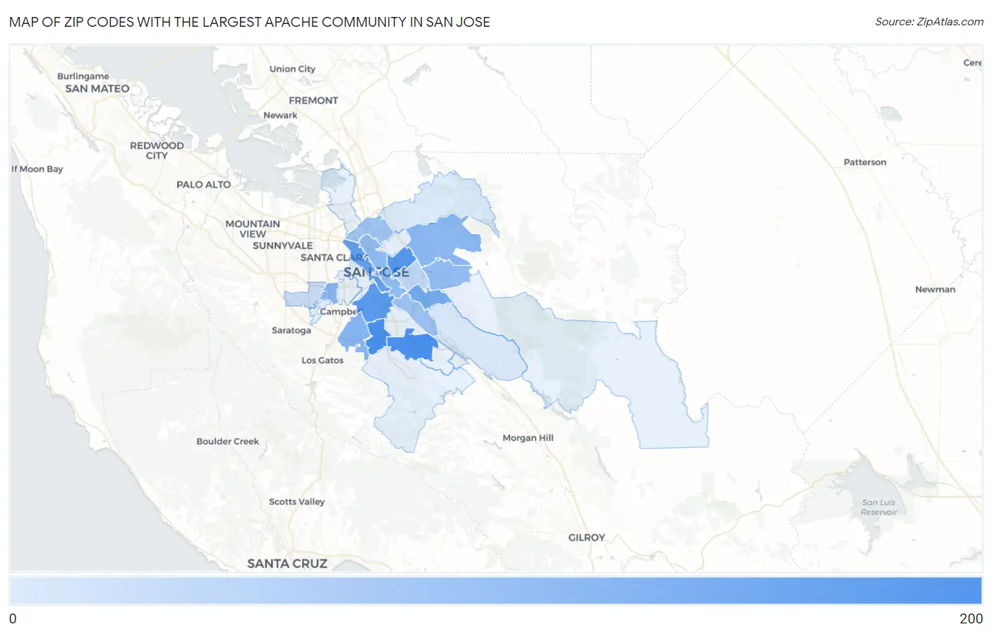Zip Codes with the Largest Apache Community in San Jose Map