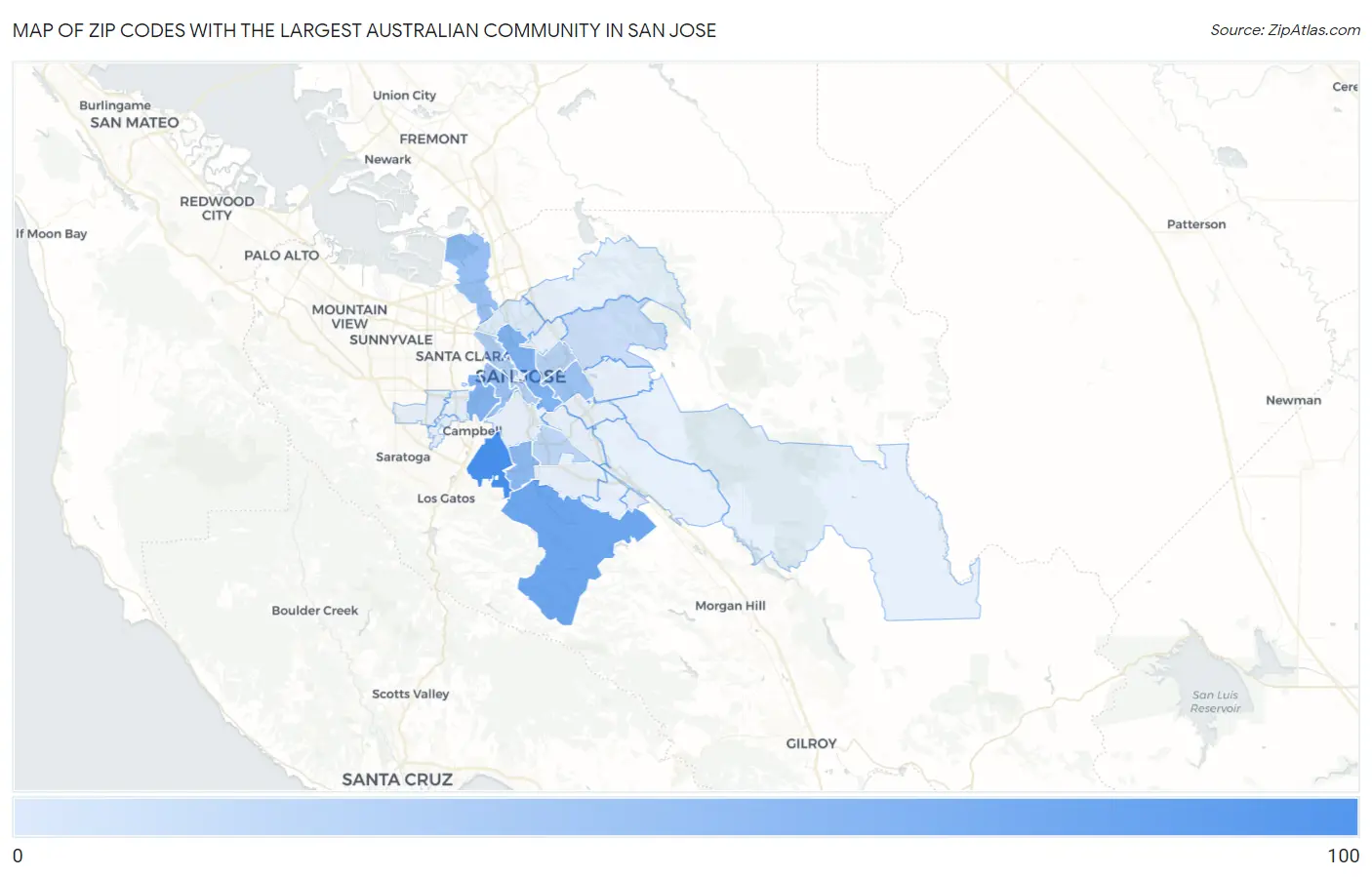 Zip Codes with the Largest Australian Community in San Jose Map