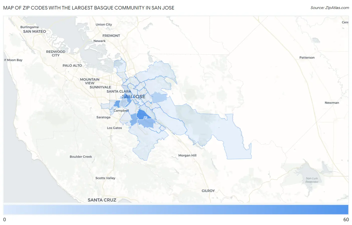 Zip Codes with the Largest Basque Community in San Jose Map