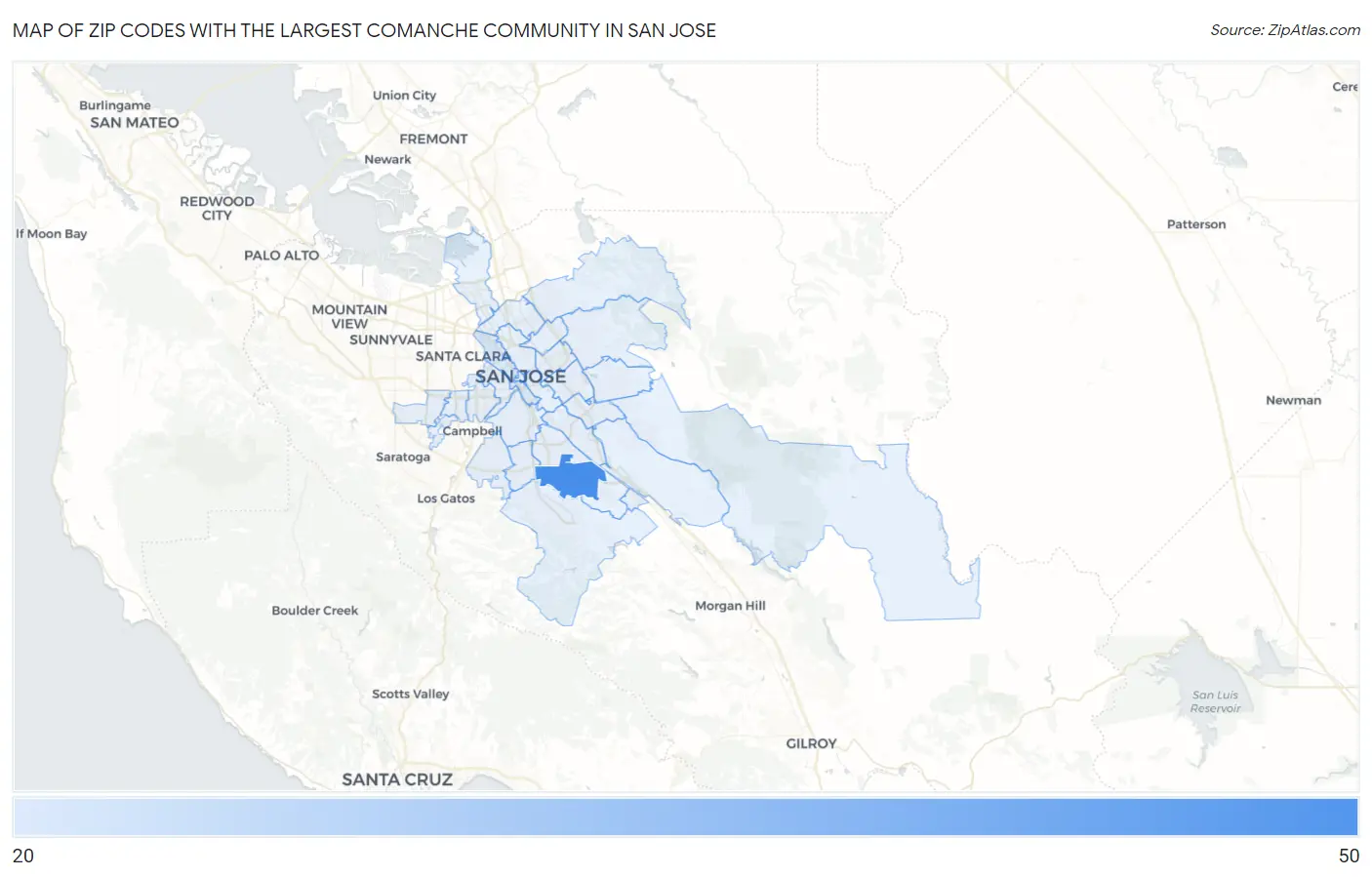 Zip Codes with the Largest Comanche Community in San Jose Map