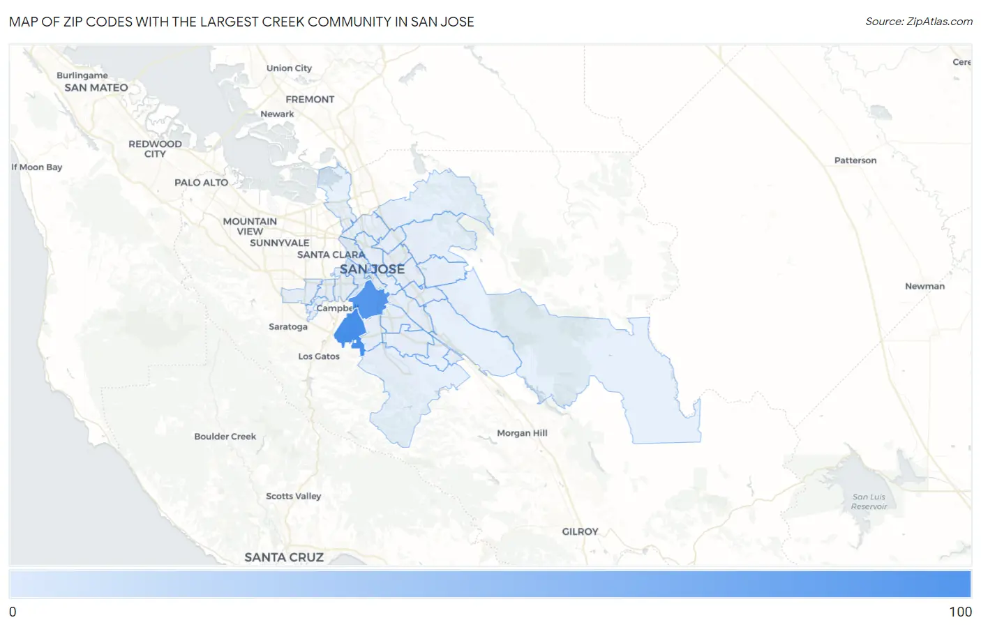 Zip Codes with the Largest Creek Community in San Jose Map