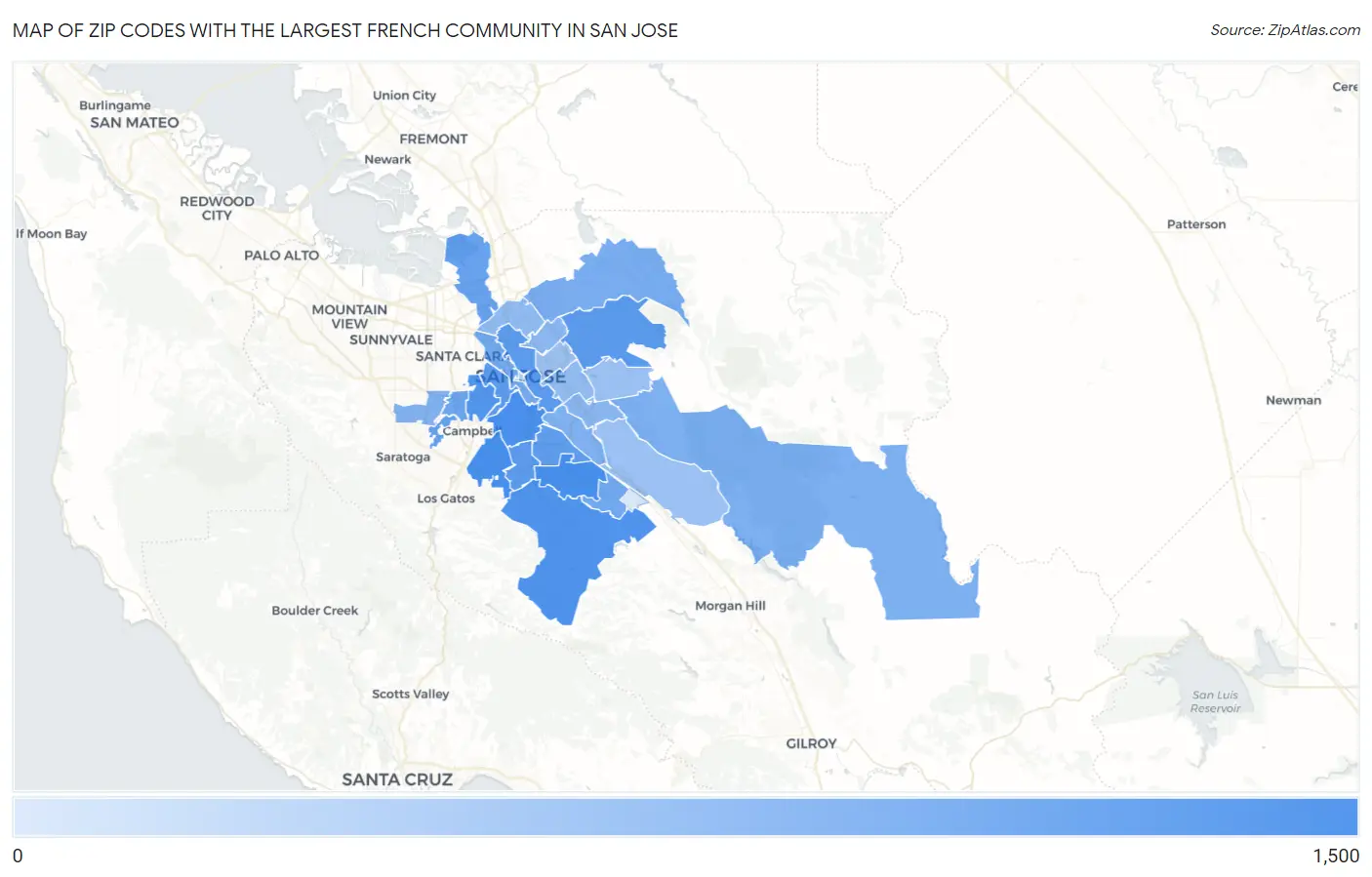 Zip Codes with the Largest French Community in San Jose Map