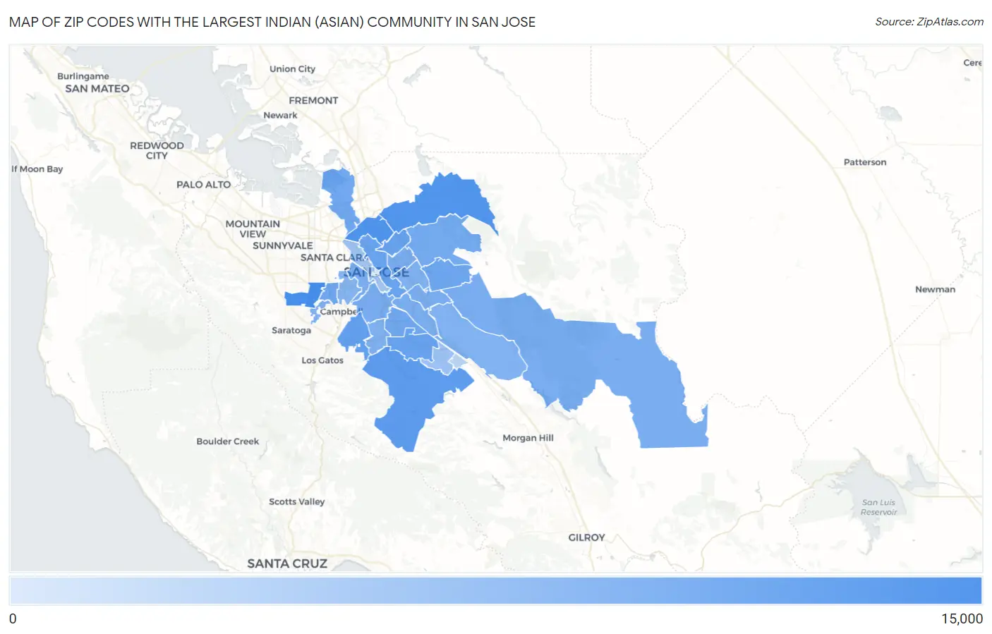 Zip Codes with the Largest Indian (Asian) Community in San Jose Map