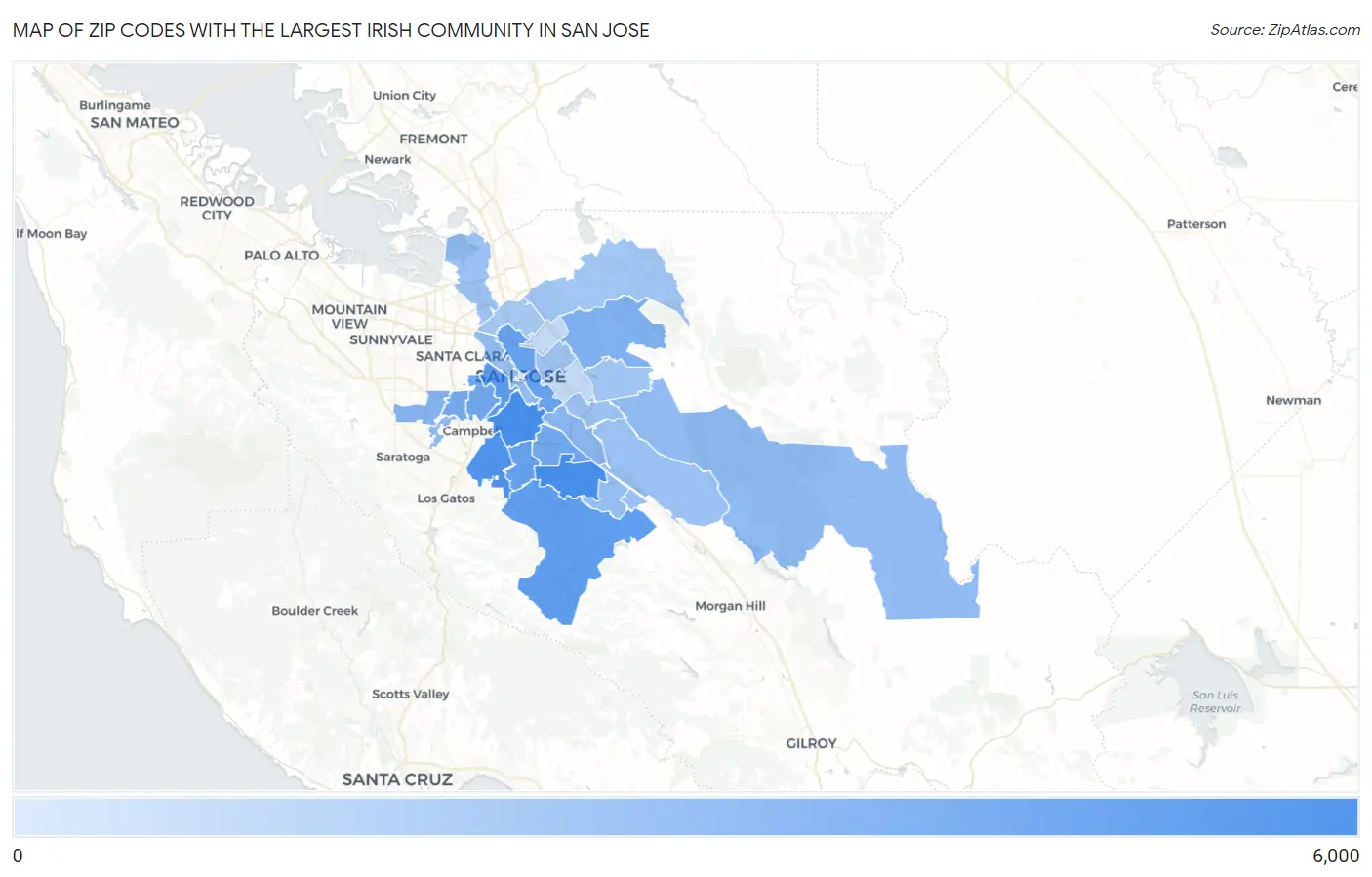 Zip Codes with the Largest Irish Community in San Jose Map
