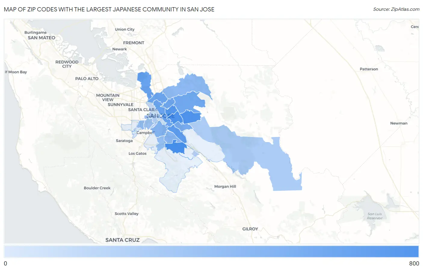 Zip Codes with the Largest Japanese Community in San Jose Map