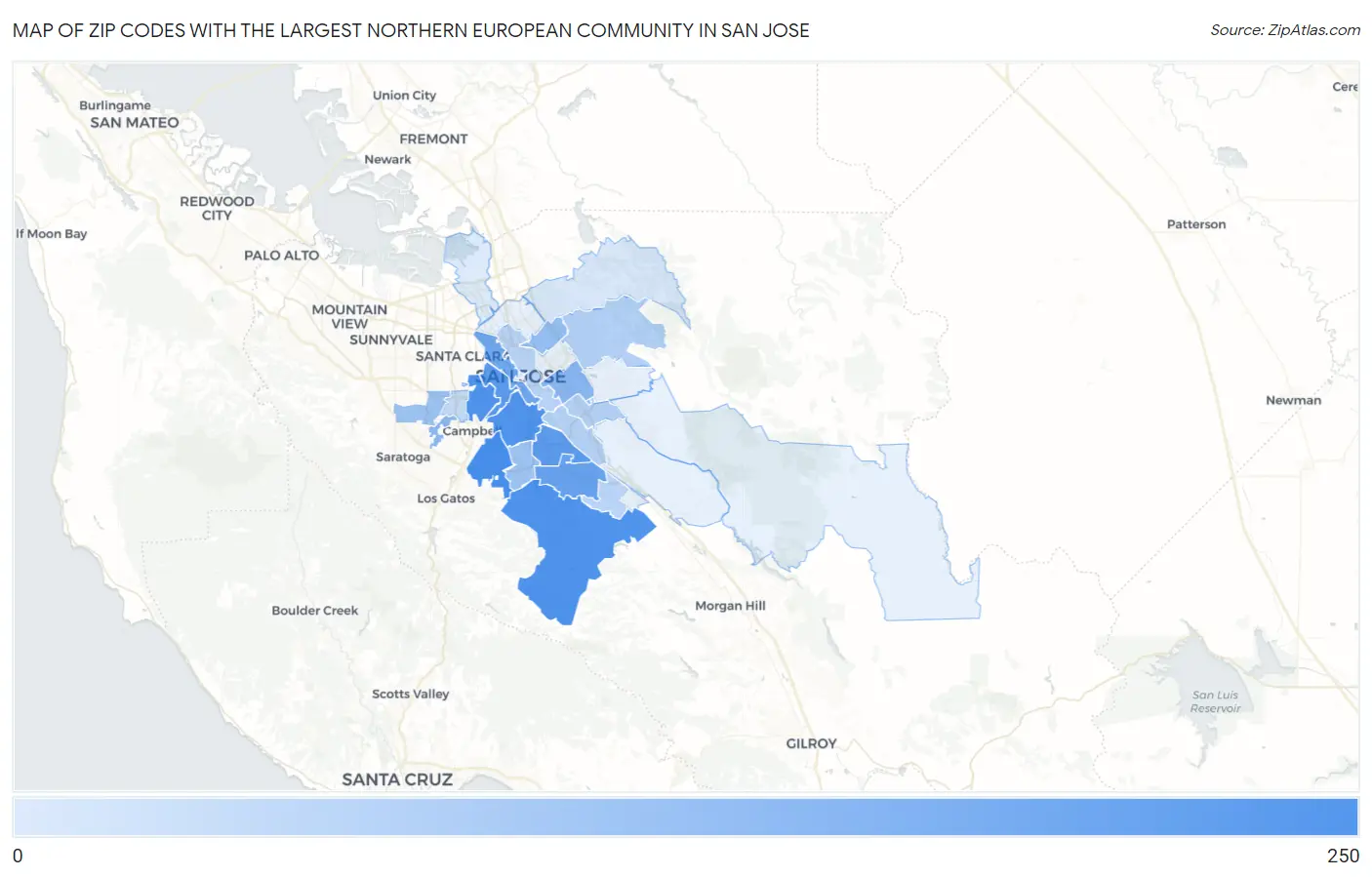 Zip Codes with the Largest Northern European Community in San Jose Map