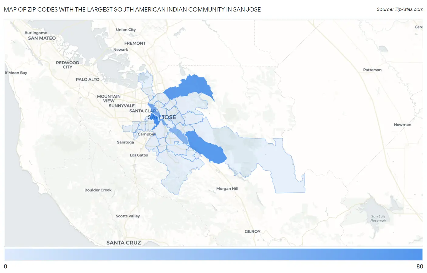 Zip Codes with the Largest South American Indian Community in San Jose Map