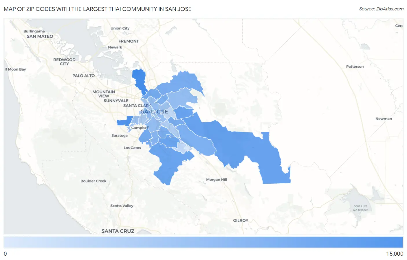 Zip Codes with the Largest Thai Community in San Jose Map