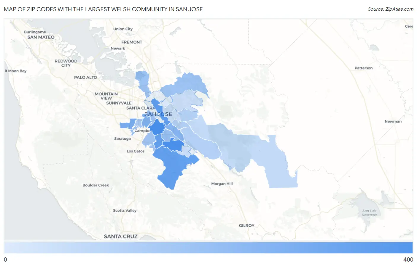 Zip Codes with the Largest Welsh Community in San Jose Map