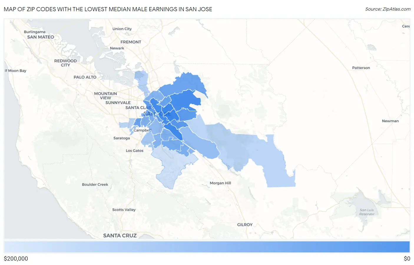 Zip Codes with the Lowest Median Male Earnings in San Jose Map