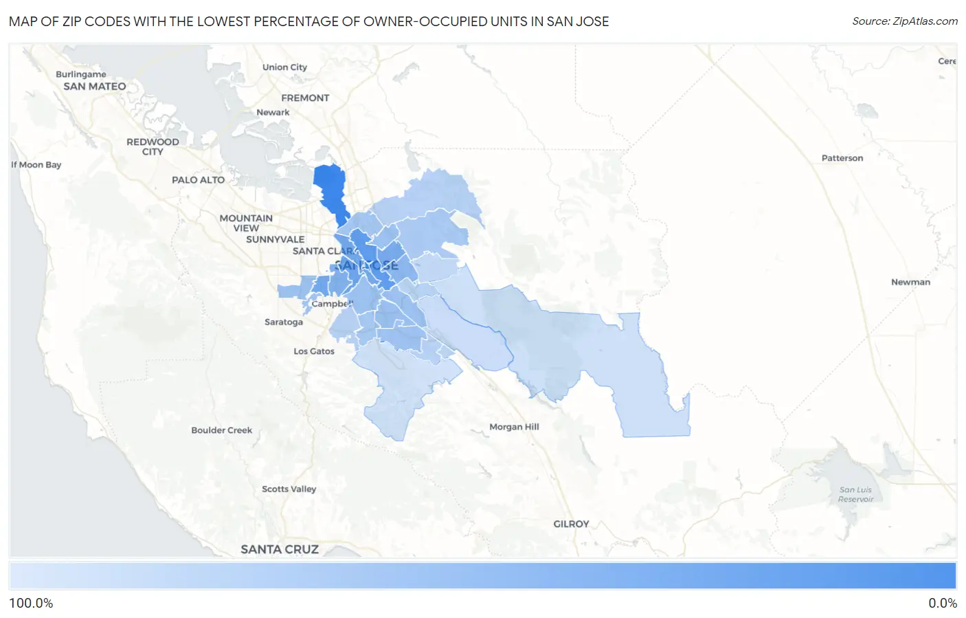 Zip Codes with the Lowest Percentage of Owner-Occupied Units in San Jose Map