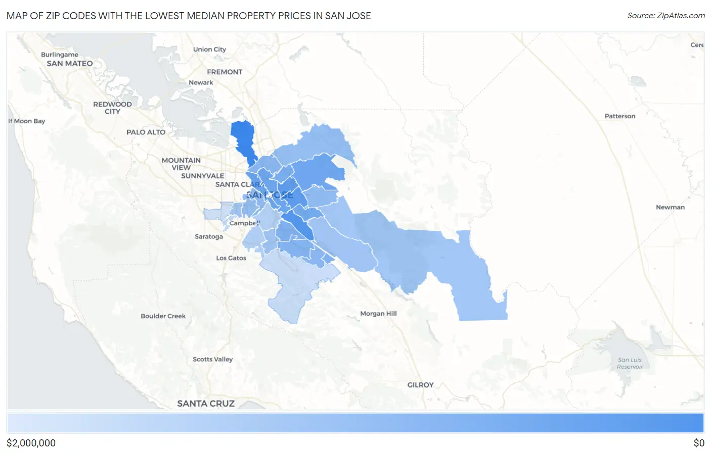 Zip Codes with the Lowest Median Property Prices in San Jose Map